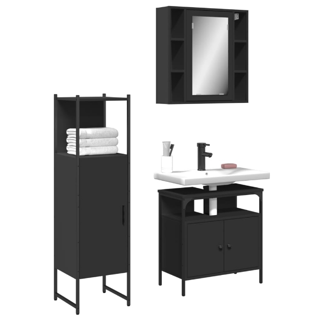 Set di Mobili da Bagno 3 pz Nero in Legno Multistrato