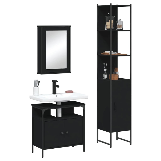 Set Mobili da Bagno 3 pz Nero in Legno Multistrato