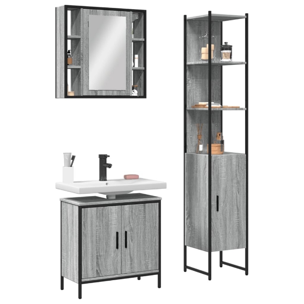 Set Mobili da Bagno 3 pz Grigio Sonoma in Legno Multistrato