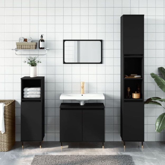 Set di Mobili da Bagno 3 pz Nero in Legno Multistrato