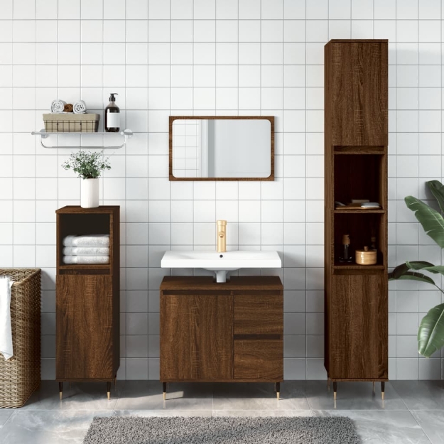 Set Mobili da Bagno 3 pz Rovere Marrone in Legno Multistrato