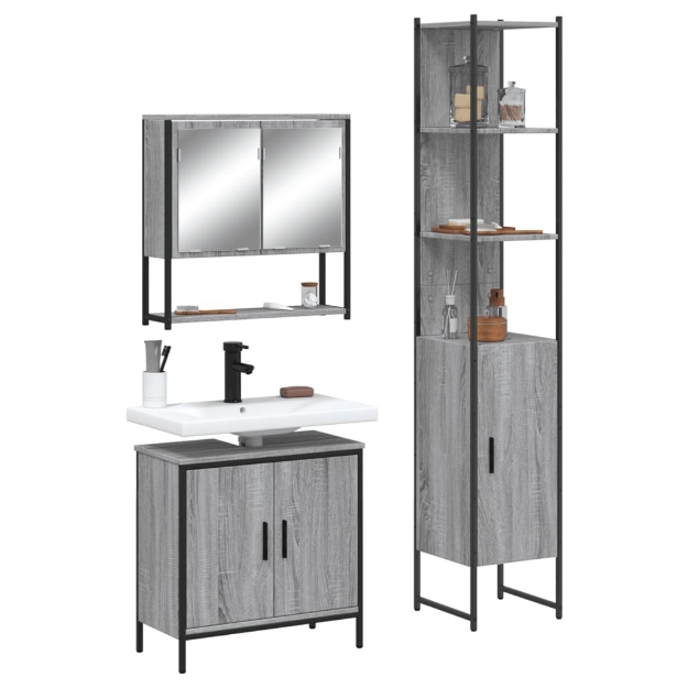 Set Mobili da Bagno 3 pz Grigio Sonoma in Legno Multistrato