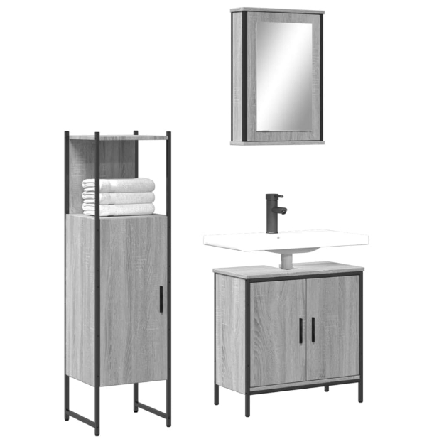 Set Mobili da Bagno 3 pz Grigio Sonoma in Legno Multistrato