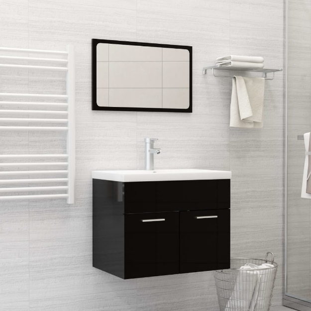 Set Mobili da Bagno 2 pz Nero Lucido in Legno Multistrato