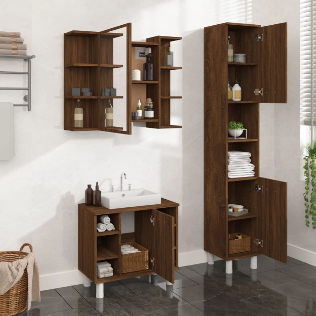 Set Mobili da Bagno 3 pz Rovere Marrone in Legno Multistrato