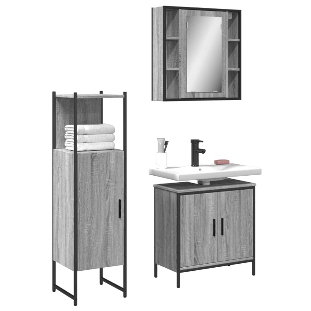 Set Mobili da Bagno 3 pz Grigio Sonoma in Legno Multistrato