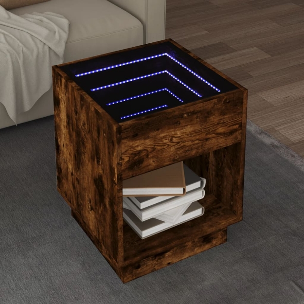 Tavolino da Salotto con LED Infinity Rovere Fumo 40x40x50 cm