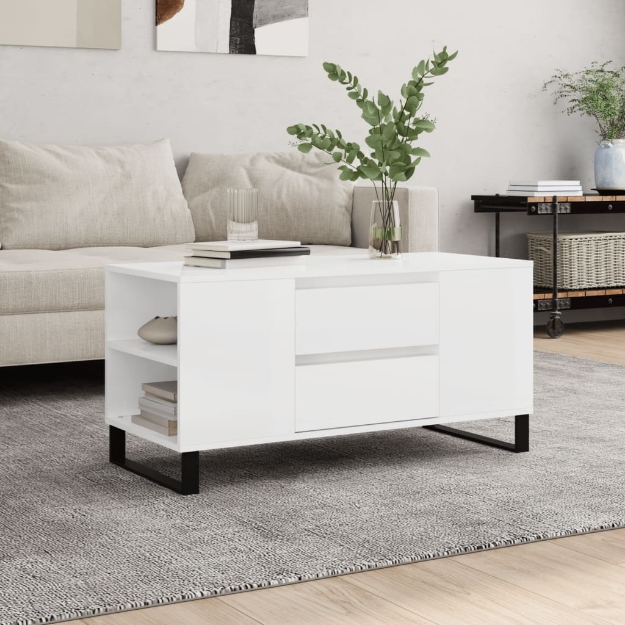 Tavolino Salotto Bianco Lucido 102x44,5x50 cm Legno Multistrato