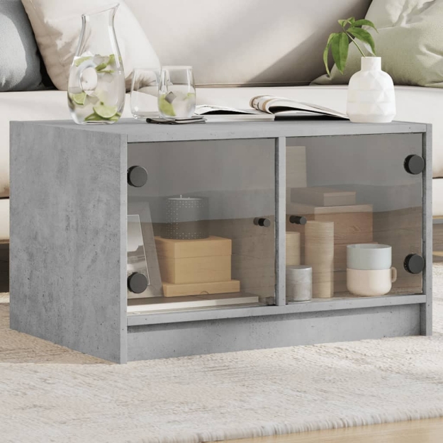 Tavolino da Salotto con Ante in Vetro Grigio Cemento 68x50x42cm