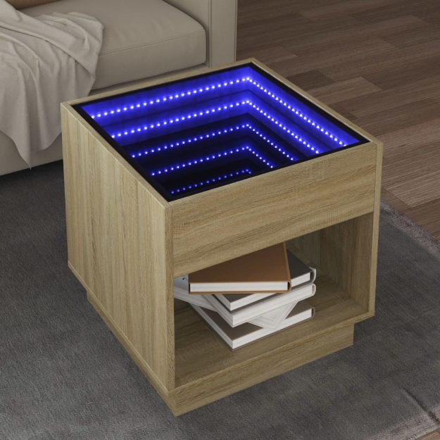 Tavolino da Salotto con LED Infinity Rovere Sonoma 50x50x50 cm