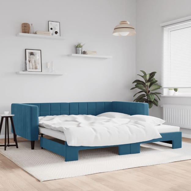 Divano Letto con Letto Estraibile Blu 100x200 cm in Velluto