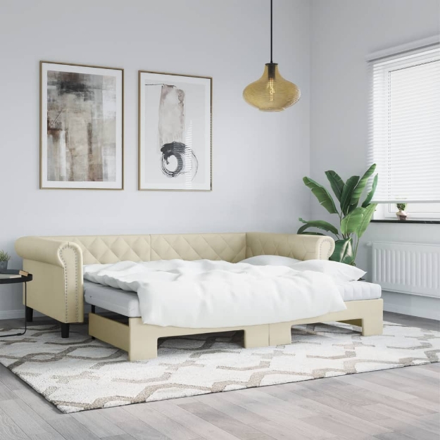 Divano Letto con Letto Estraibile Crema 90x200 cm in Similpelle