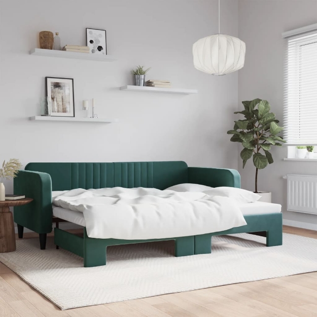 Divano Letto con Letto Estraibile Verde Scuro 90x200cm Velluto