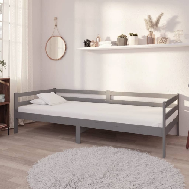 Divano Letto con Materasso 90x200 cm Grigio in Legno di Pino