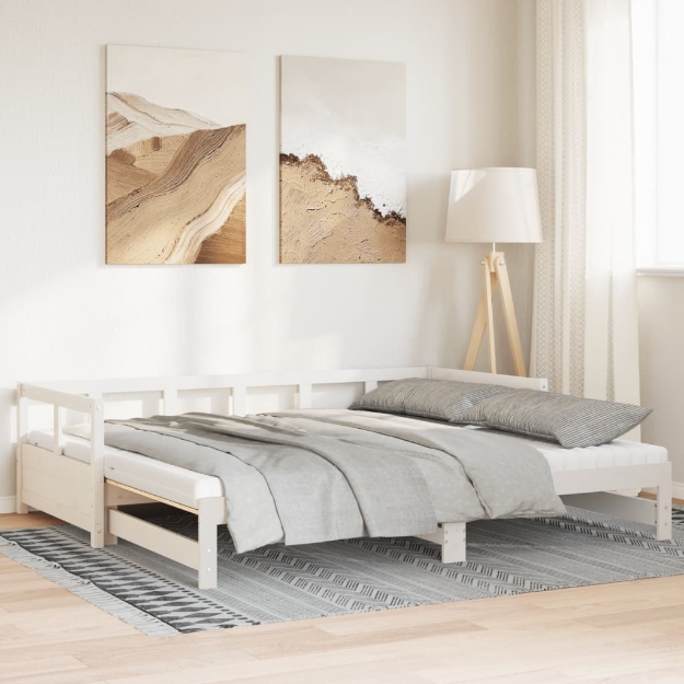 Divano Letto con Rotelle e Materasso Bianco 90x190cm Legno Pino