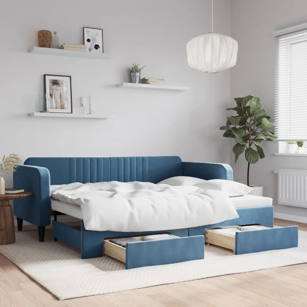 Divano Letto Estraibile con Cassetti Blu 90x200 cm in Velluto