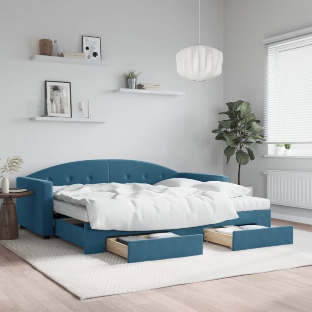 Divano Letto Estraibile con Cassetti Blu 90x200 cm in Velluto