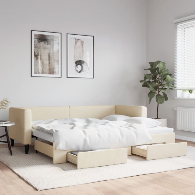 Divano Letto Estraibile con Cassetti Crema 80x200 cm in Tessuto