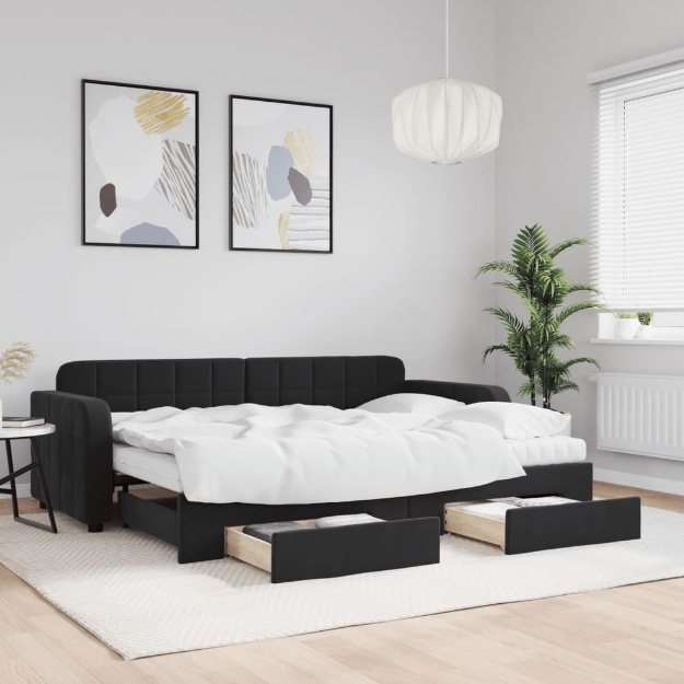 Divano Letto Estraibile con Cassetti Nero 80x200 cm in Velluto