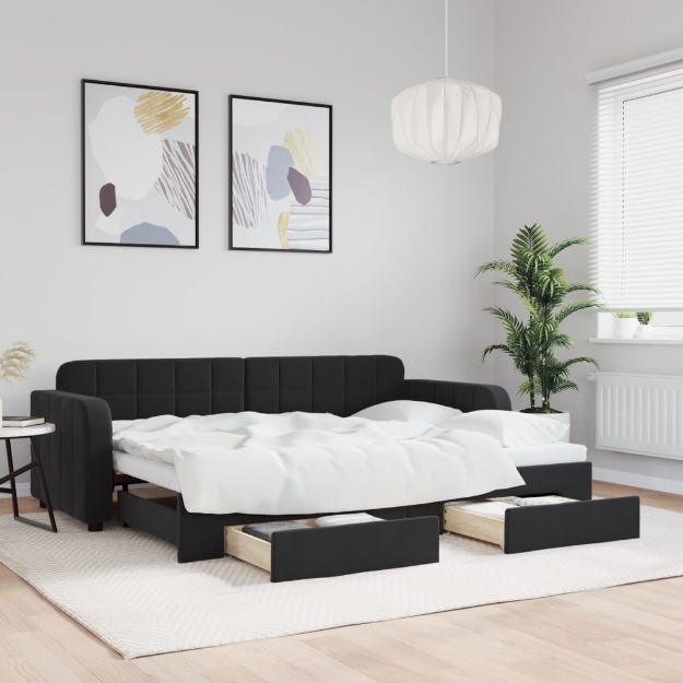 Divano Letto Estraibile con Cassetti Nero 80x200 cm in Velluto