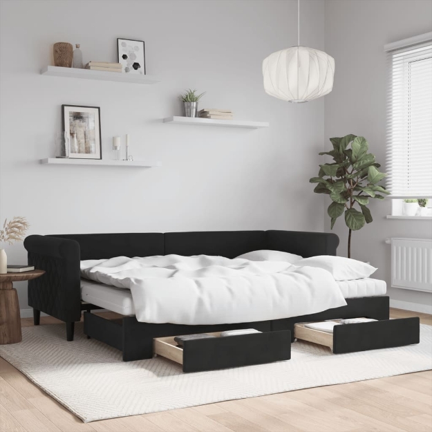 Divano Letto Estraibile con Cassetti Nero 80x200 cm in Velluto