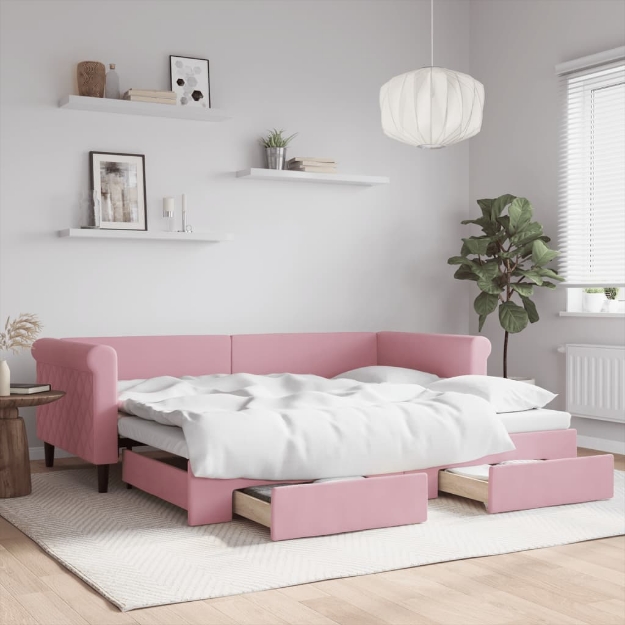 Divano Letto Estraibile con Cassetti Rosa 90x200 cm Velluto