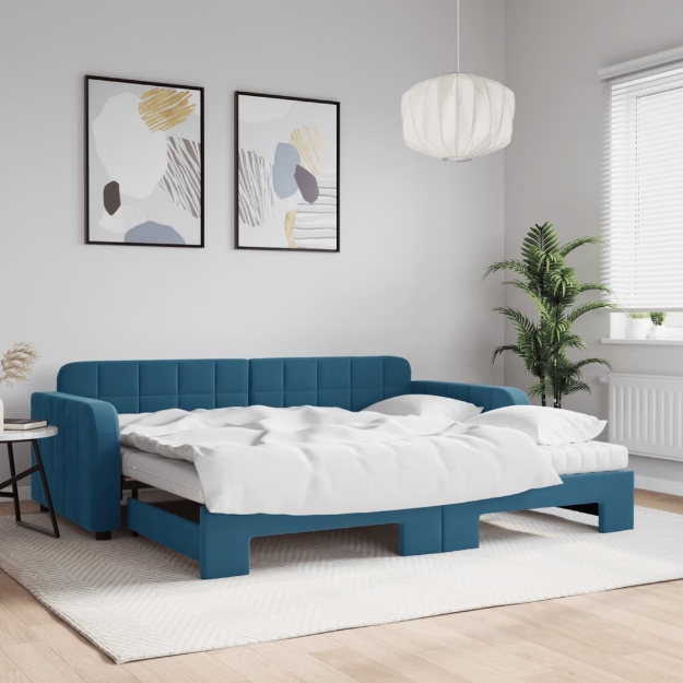 Divano Letto Estraibile con Materassi Blu 90x200 cm Velluto