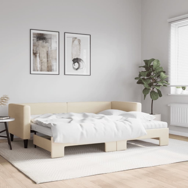 Divano Letto Estraibile con Materassi Crema 80x200 cm Tessuto