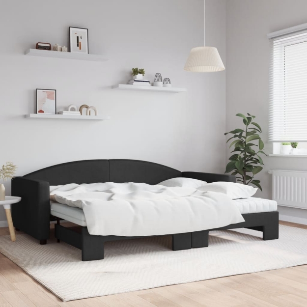 Divano Letto Estraibile con Materassi Nero 90x200 cm in Tessuto