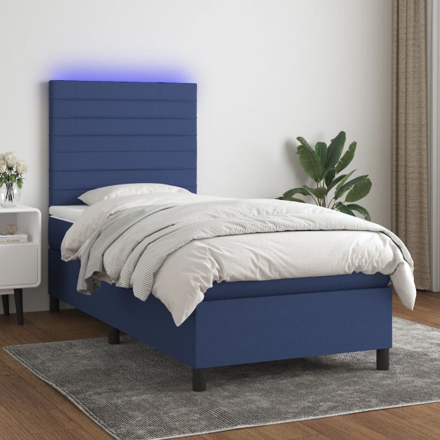 Letto a Molle con Materasso e LED Blu 100x200cm in Tessuto