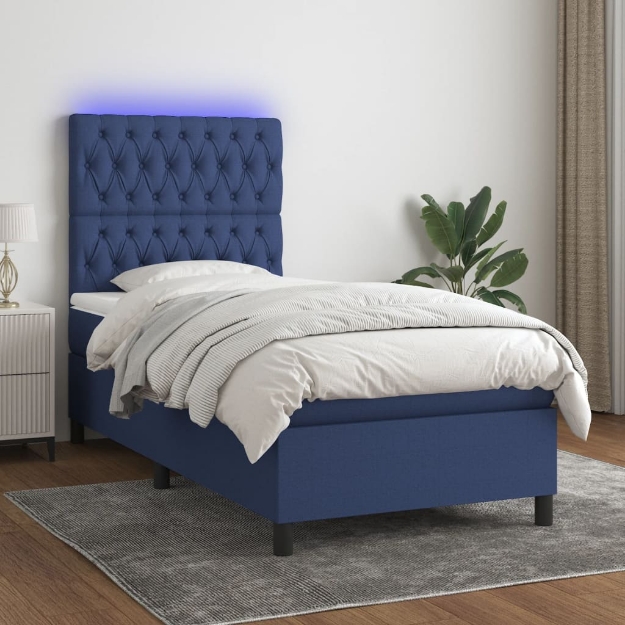 Letto a Molle con Materasso e LED Blu 100x200cm in Tessuto