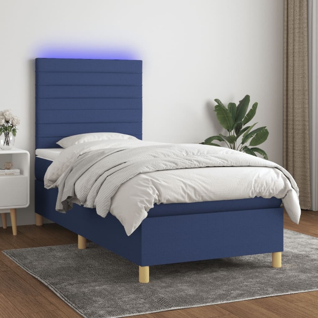 Letto a Molle con Materasso e LED Blu 100x200cm in Tessuto