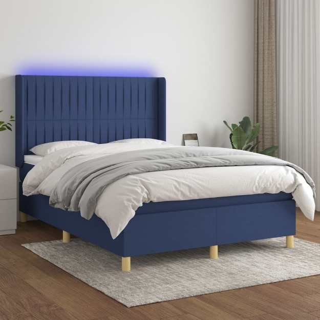 Letto a Molle con Materasso e LED Blu 140x190 cm in Tessuto