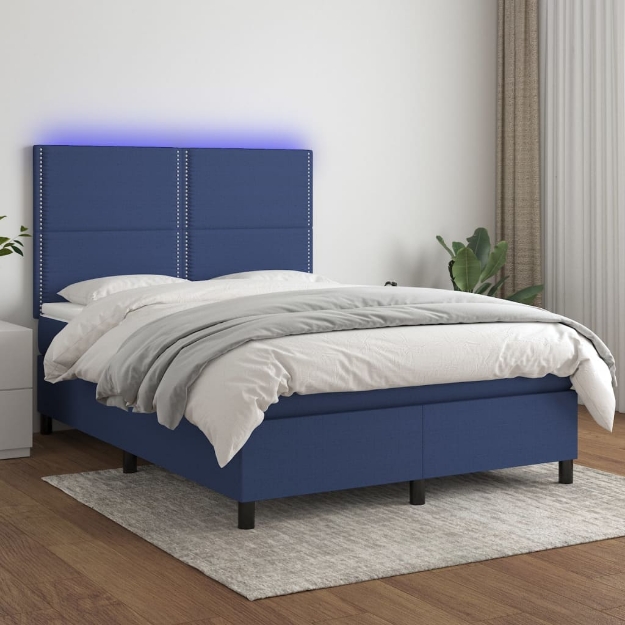 Letto a Molle con Materasso e LED Blu 140x190 cm in Tessuto