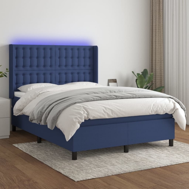 Letto a Molle con Materasso e LED Blu 140x200 cm in Tessuto