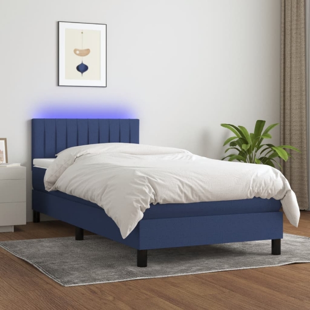 Letto a Molle con Materasso e LED Blu 90x190 cm in Tessuto