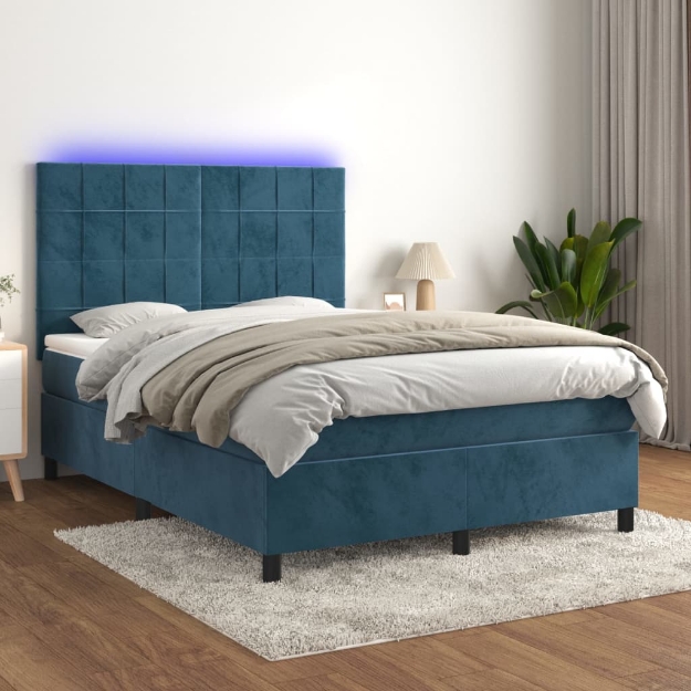 Letto a Molle con Materasso e LED Blu Scuro 140x190 cm