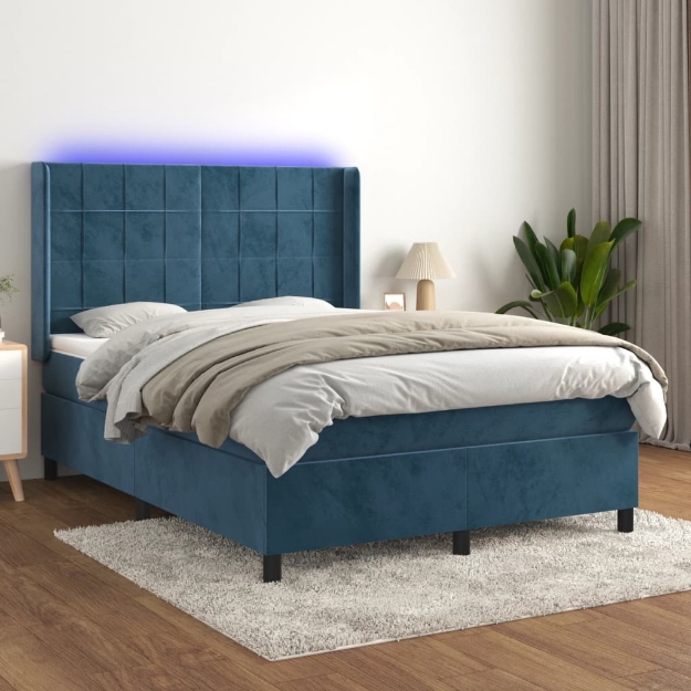 Letto a Molle con Materasso e LED Blu Scuro 140x190 cm