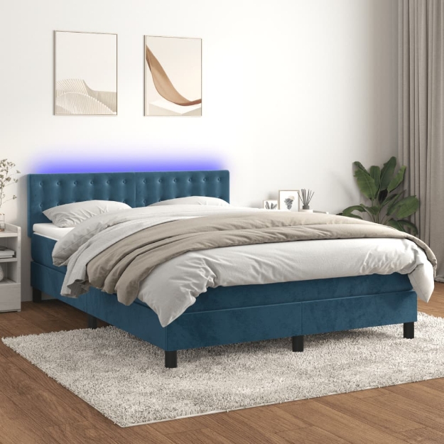 Letto a Molle con Materasso e LED Blu Scuro 140x200 cm