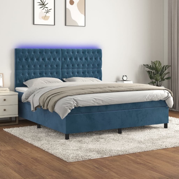 Letto a Molle con Materasso e LED Blu Scuro 160x200 cm