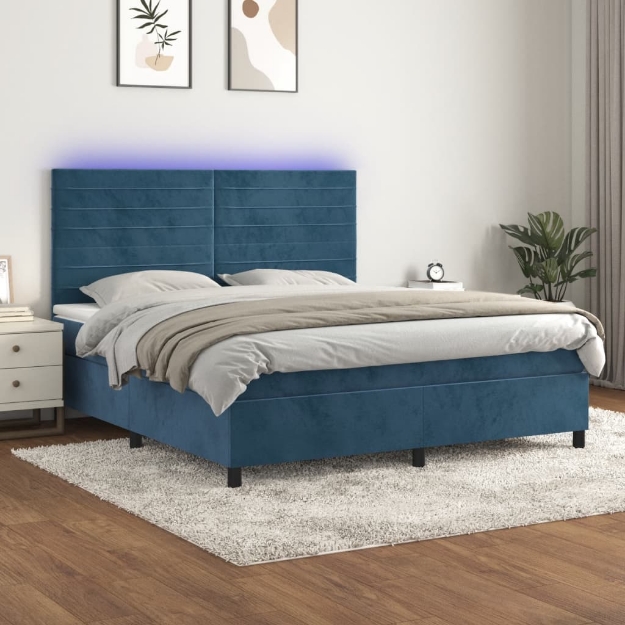 Letto a Molle con Materasso e LED Blu Scuro 160x200 cm