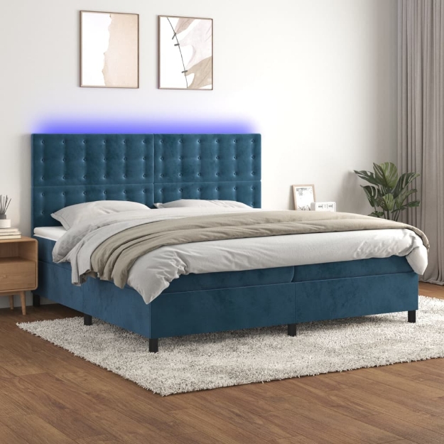 Letto a Molle con Materasso e LED Blu Scuro 200x200 cm