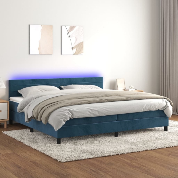 Letto a Molle con Materasso e LED Blu Scuro 200x200 cm