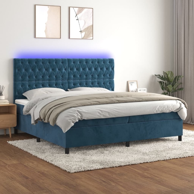 Letto a Molle con Materasso e LED Blu Scuro 200x200 cm