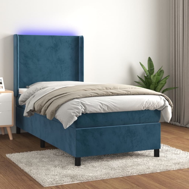 Letto a Molle con Materasso e LED Blu Scuro 80x200cm in Velluto