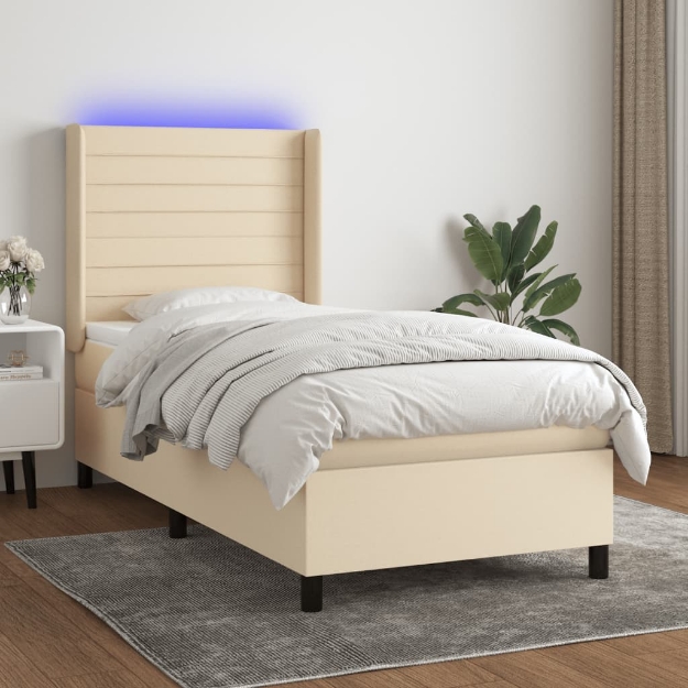 Letto a Molle con Materasso e LED Crema 100x200cm in Tessuto