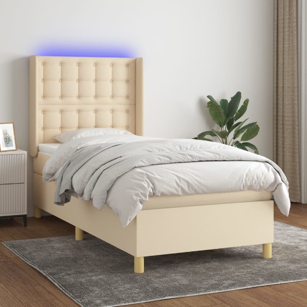 Letto a Molle con Materasso e LED Crema 100x200cm in Tessuto