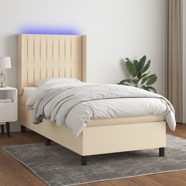 Letto a Molle con Materasso e LED Crema 100x200cm in Tessuto