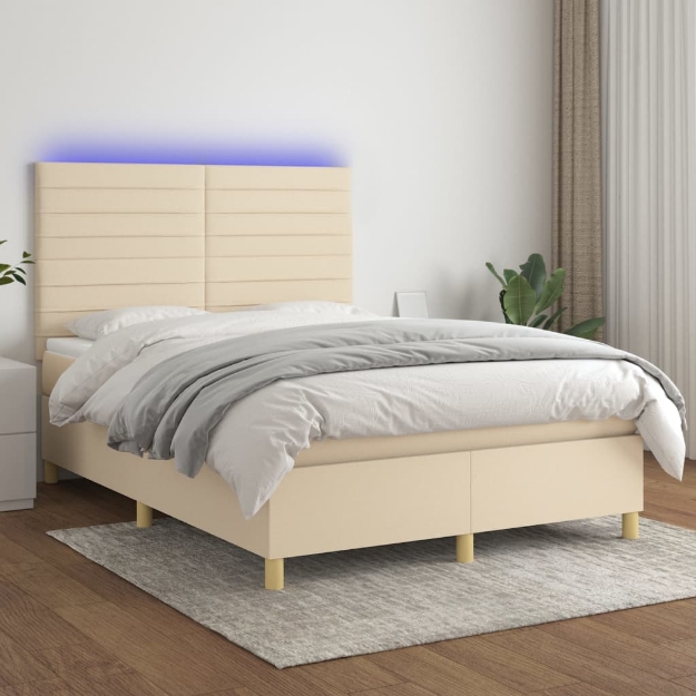 Letto a Molle con Materasso e LED Crema 140x190 cm in Tessuto