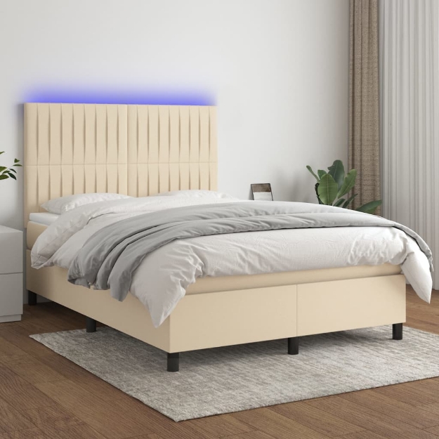 Letto a Molle con Materasso e LED Crema 140x190 cm in Tessuto